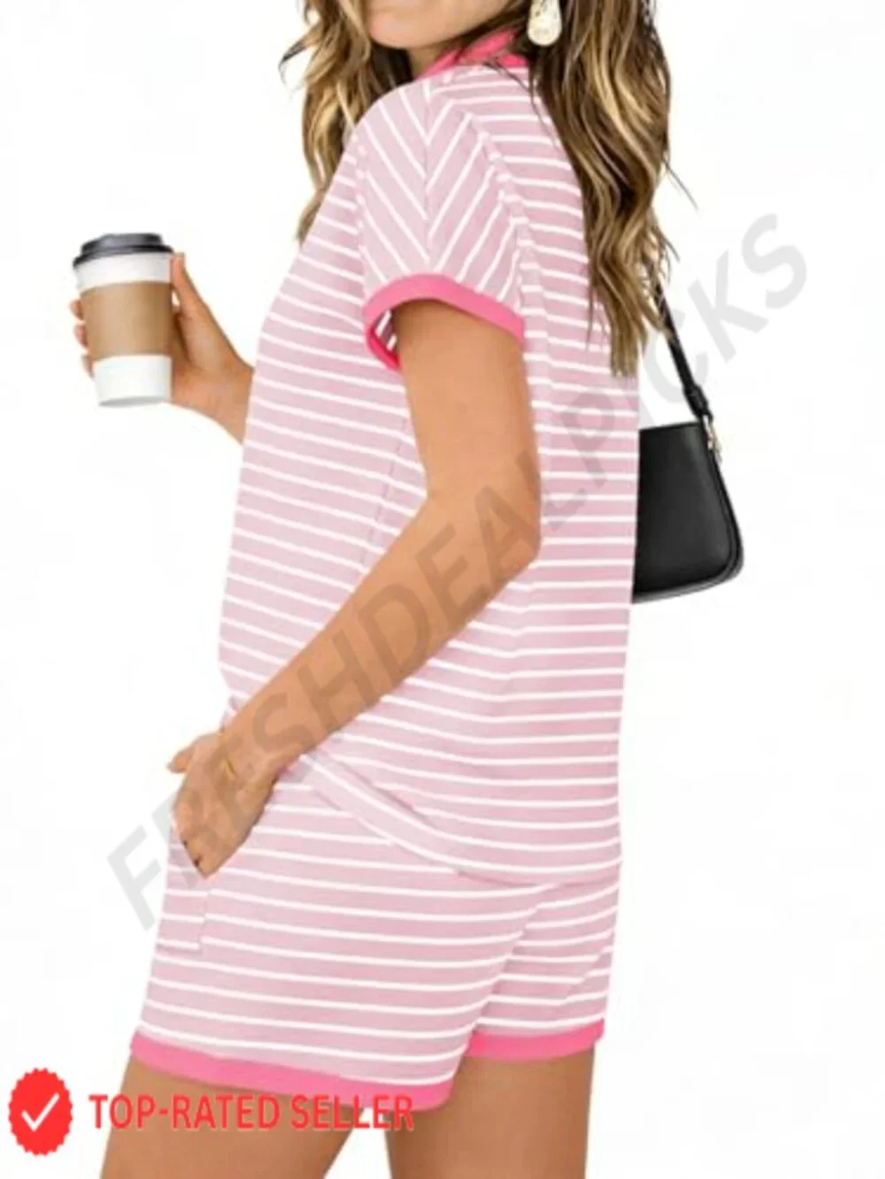 Women's 2 Piece Short Set - Striped Summer Lounge Set with Drawstring Shorts